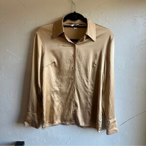 Talbots Stretch Silk Blouse Champagne Gold Button Front Minimalist Clean Girl 4
